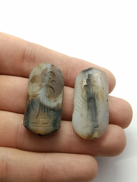 2 PCS Rare Antique Sulemani Agate Roman Seal Stamp Oval Pendant Signet Bead Art
