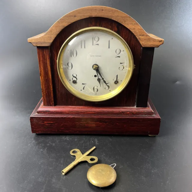 Seth Thomas Mantel Shelf Strike Clock Carved Wood Case W/Key & Pendulum 8 Day?