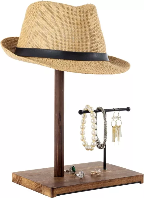 Brown Wood Hat Rack w/ Black Metal T Bar Jewelry Stand for Bracelets, Earrings