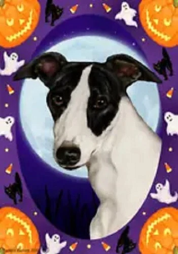 Halloween Garden Flag - Black and White Whippet 120621