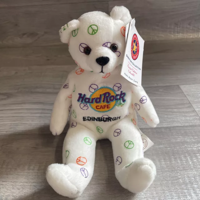 BEAR HARD ROCK Cafe HTB 2005 White 8" beanbag Peace plush Edinburgh