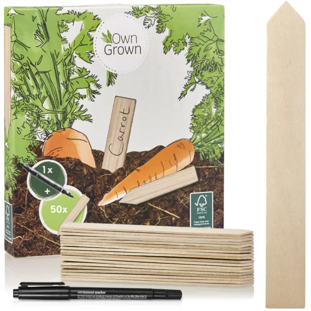 OwnGrown 50 Holz Pflanzenstecker im Set und Stift – Pflanzenschilder – Schilder