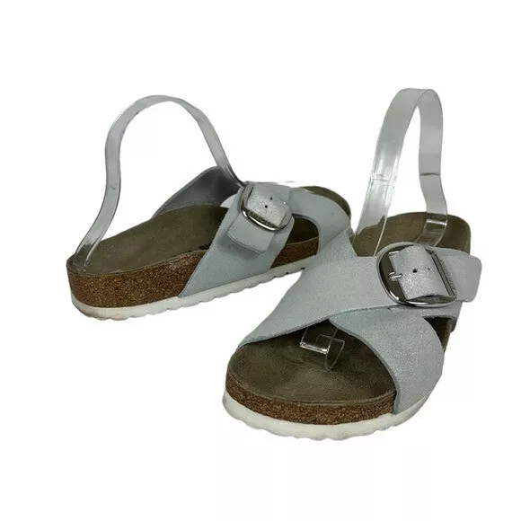 Birkenstock Siena Nubuck Metallic Silver Big Buckle Slides Size EU40=US 9-9.5