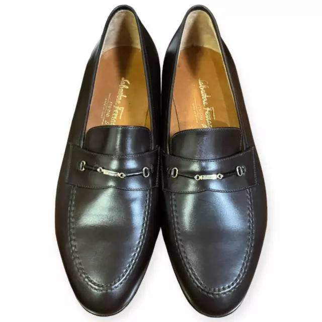 SALVATORE FERRAGAMO LOGO Plate Bit Loafers Dress Shoes Brown Leather ...