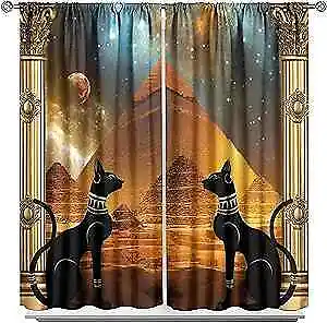 Mysterious Egyptian Window Curtains,Ancient Egyptian Black Cat with Precious