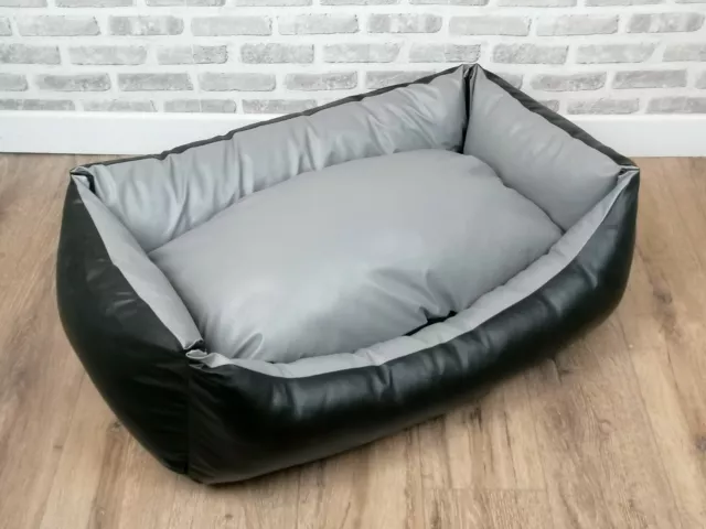 Black/ Grey Faux Leather Wipeable Dog Bed In Small, Large & Extra Large