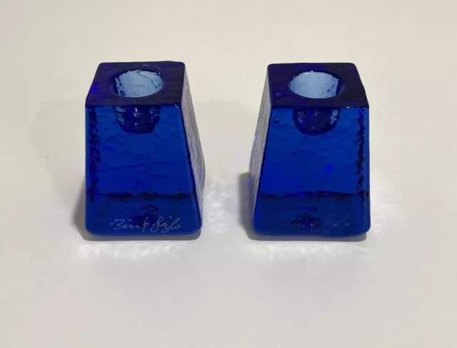 FIRE & LIGHT Recycled Art Glass PAIR Taper Candle Holders COBALT  2.5" SIGNED