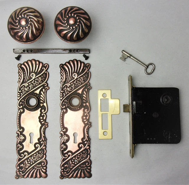 Antique Entrance Door Set Victorian / Eastlake Backplate Knob Mortise Lock Key