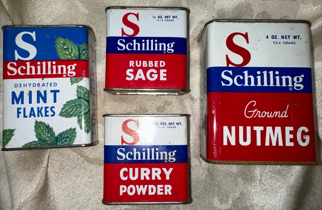 Vintage Spice Tins Schilling Brand Curry Powder Sage Nutmeg Mint Flakes Lot Of 4