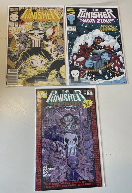 Punisher Comics - Punisher Armory 5, War Zone 11, Punisher 74 VG 1st Printings