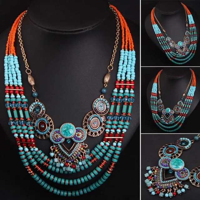 Ethnic Boho Bib Choker Statement Necklace Pendant Tribal Gypsy Collar Accessory