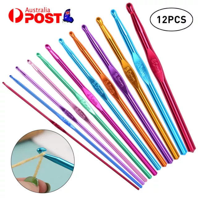 12 Size Multi Coloured Aluminium Crochet Hooks Yarn Knitting Needles 2-8mm Set