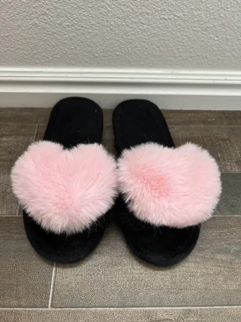 PINK HEART SLIDES Fuzzy Fluffy Slippers Flat Soft Sandals Open Toe size ...