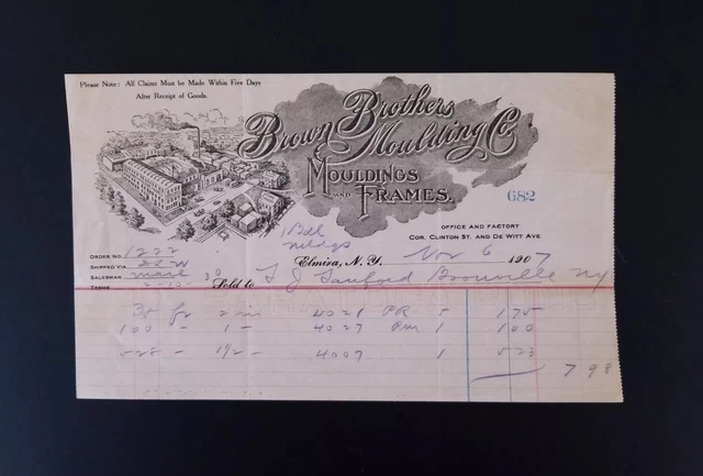 1907 Billhead Brown Brothers Moulding Co. Mouldings & Frames ~ Elmira, New York