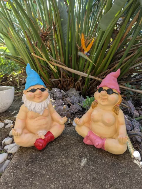 29CM SITTING NAKED YOGA GNOME MAN / WOMAN 2 ASSTD Sculpture HOME GARDEN ORNAMENT