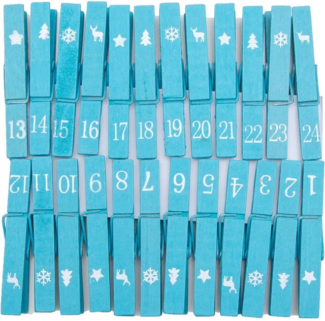 24 Holz Klammern mit Zahlen für Adventskalender, Basteln, Weihnachten, Weiß Blau