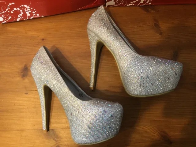 Ladies Sparkly rhinestone Diamante Pumps Platform Shoes Party Heel Size 4 SILVER