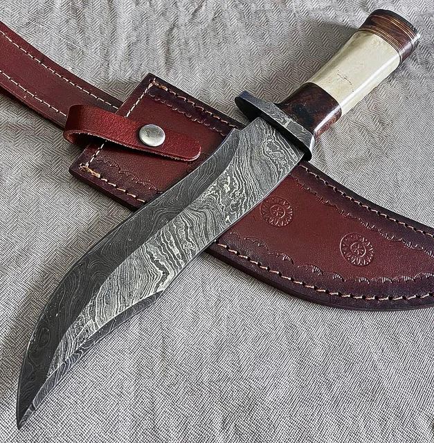 Custom Handmade Damascus Blade Bowie Camp Survival Hunting Knife | Camel Bone