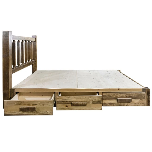 KING Farmhouse Style Platform Bed with Storage Drawers Amish Made Rustic Beds