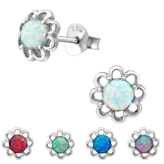 7mm Sterling Silver and Coloured Lab Opal Flower Stud Earrings * Box + Gift Bag