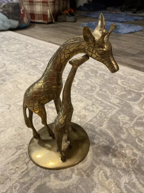 Vtg 12” Solid Brass Giraffe Mother and Baby Calf Sculpture Statue Figurine