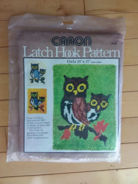 70s Vtg Owls Mom And Baby Latch Hook Rug Canvas Pattern Caron 20x27 #3020 1977
