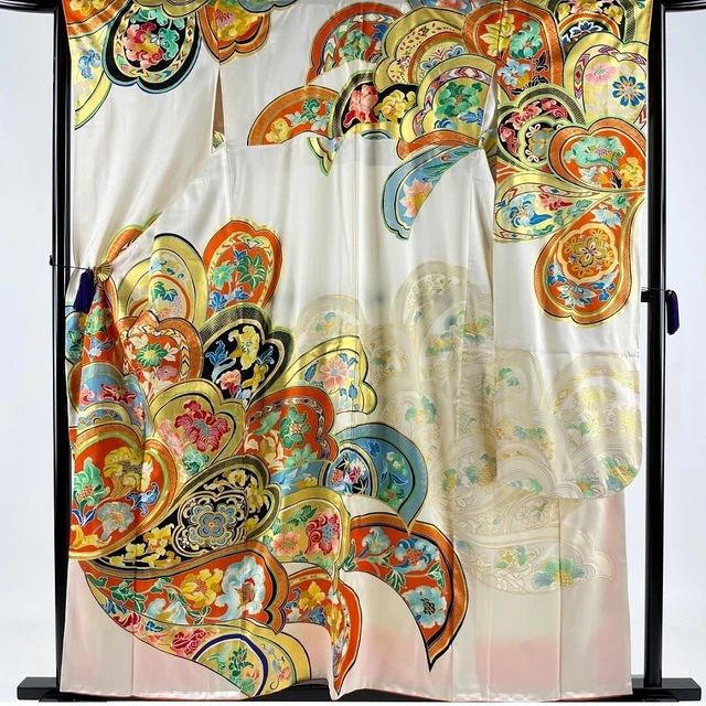 Japanese Kimono Silk FURISODE Floral Gold leaf Embroidery White kimono only