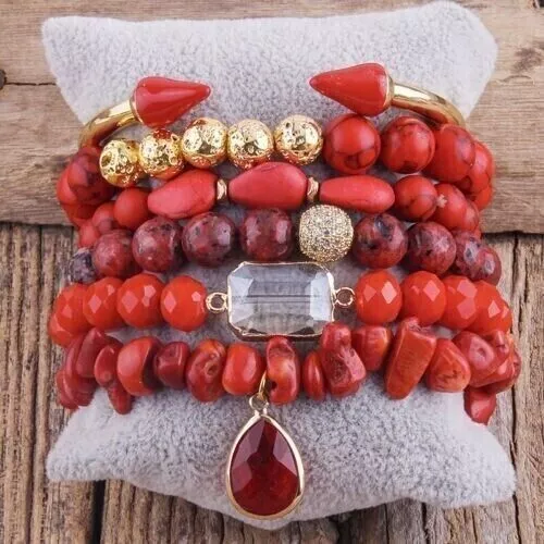 Bracelets Stretch Semi Precious Stones Gold Red Crystal Party Stacking Set