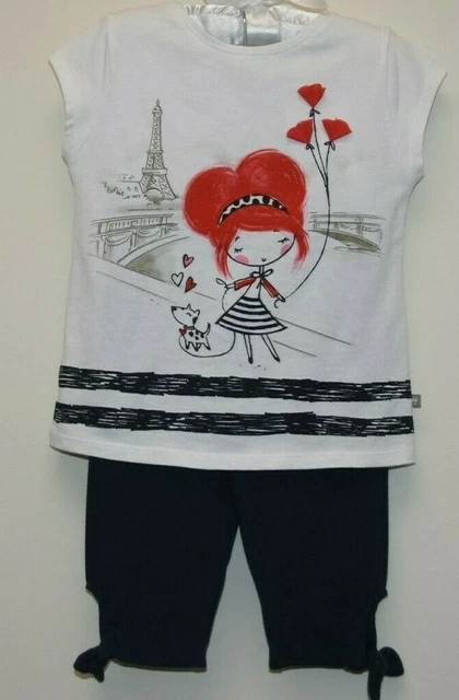 Nuovo Petit Lem 2 PC Set Ragazze Parigi Torre Eiffel T Shirt Pants 3 D White Blu