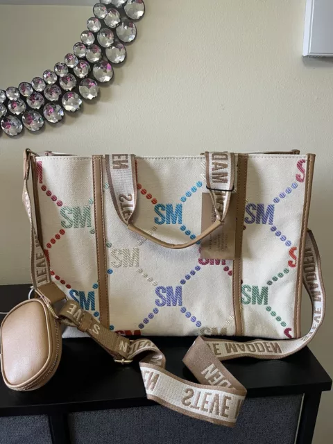 STEVE MADDEN Cream multicolor BSANTAM Canvas logo Crossbody tote bag ~ NWT