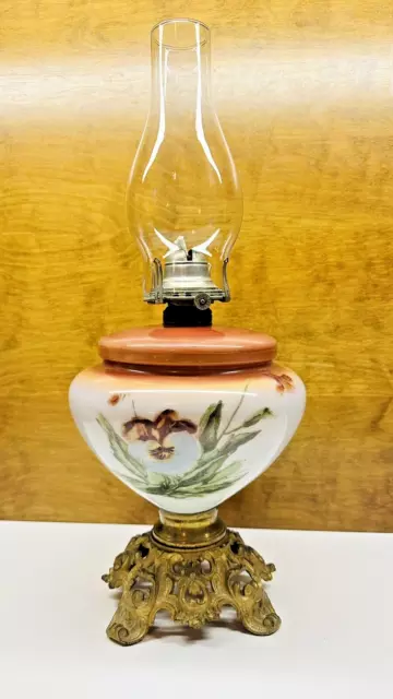 Antique Large Queen Anne Burner Victorian Hand Painted Milk Glass Oil Lamp 19"