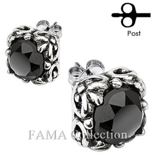 FAMA Stainless Tribal Square Prong with Round Black CZ Stud Earrings
