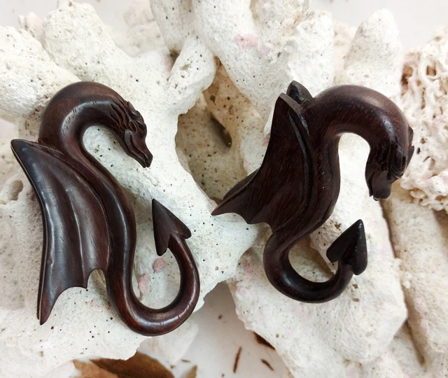 Pair Sono Wood Hanger Dark Dragon Spike Tail Wing Ear Plugs Handmade 6G-1/2" USA