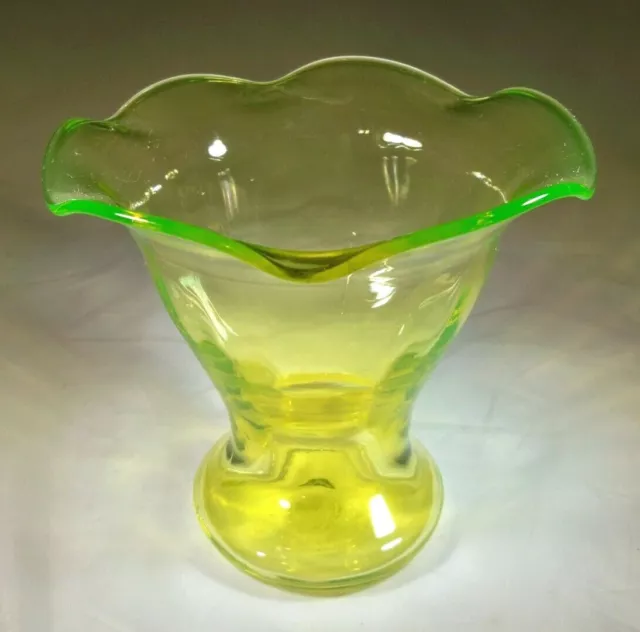 Tiffin Glass Co. Canary Vaseline 5" Tall Ruffled Crimped Floral Vase!