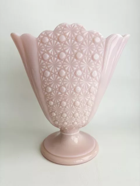 VTG Fenton Pastel Pink Rose Milk Glass Daisy & Button Large Fan Vase 9”