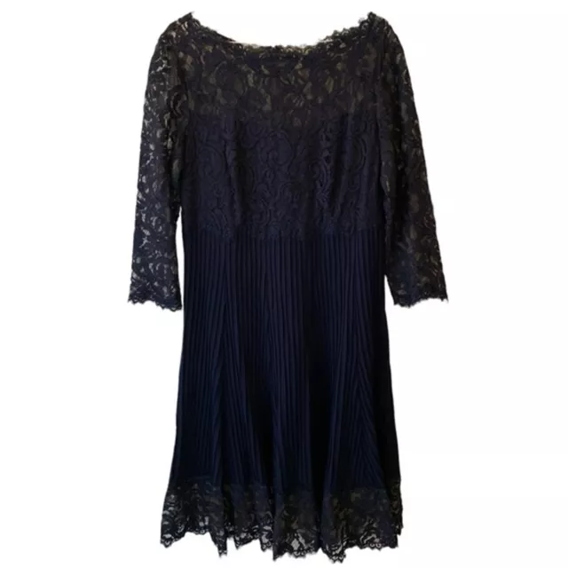 Tadashi Shoji Navy Blue Lace Bodice Pintuck Skirt Fit And Flare Dress Size 14