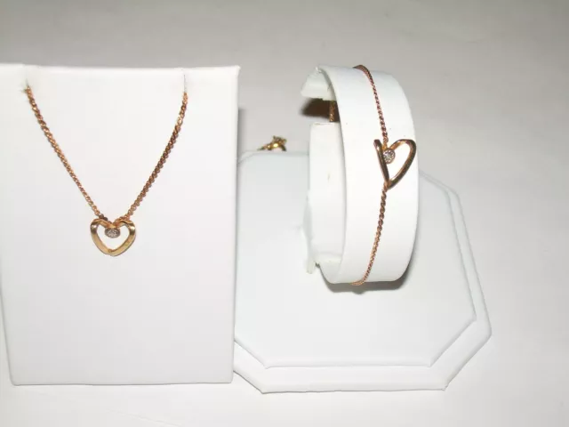 Vintage CZ Heart Necklace & Bracelet Set - Gold Tone; Inter-Locking Chain
