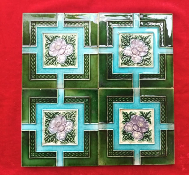 4 Piece Old Art Deco Floral Embossed Design Majolica Ceramic Tiles Japan 0401