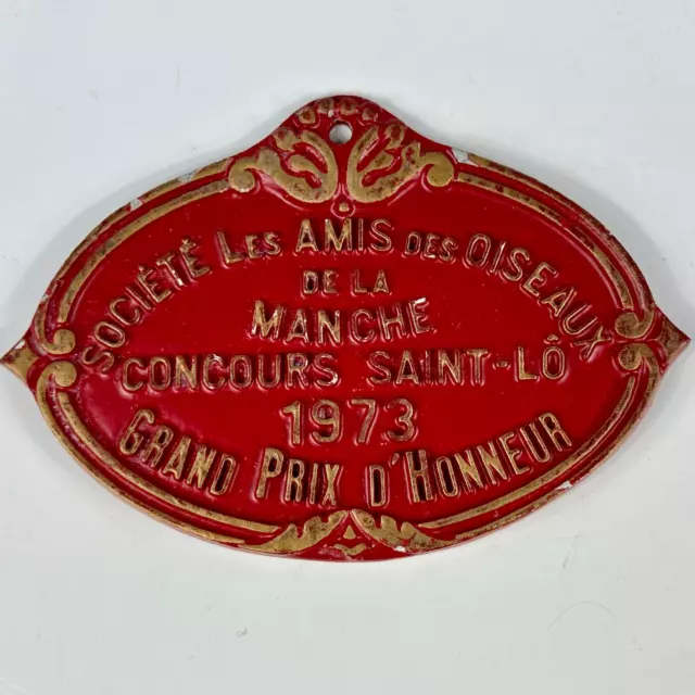 Vintage French Red Aluminium Metal Winners Competition Sign 1973 Saint Lo Plaque