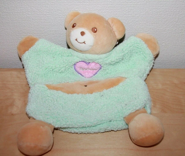 TAKINOU  doudou peluche OURS MARIONNETTE VERT COEUR ROSE