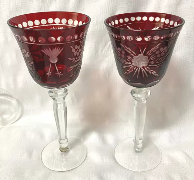 2 Ruby glass wine glass Bohemian ? Czech hand cased glass cut to clear 18.5 cm H
