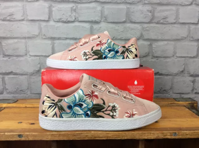 Puma Ladies Uk 5 Eu 38 Basket Heart Velvet Hyper Embroidered Floral Trainers