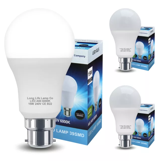 3 Pack 15w GLS LED Cool White Light Bulb B22 Bayonet 15w = 135w 6000K A60