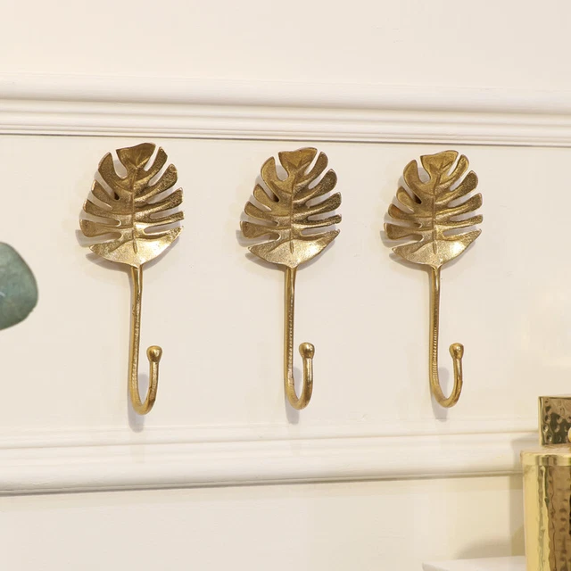 Set 3 gold monstera leaf wall hooks coat towel bag hook storage bathroom hallway