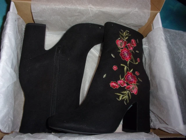Eram / Bottines Boots Cuir et Daim Noir / Brodées Fleurs Rouges / T.36 / NEUF