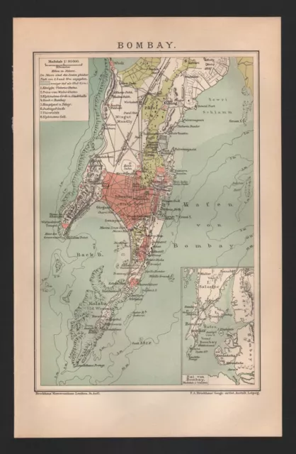 Landkarte map 1896: BOMBAY. Indien Asien