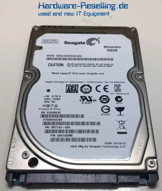 Seagate Momentus 500GB SATA 2,5 Pouces 3G 7.2K HDD 16MB ST9500423AS 9RT143-500