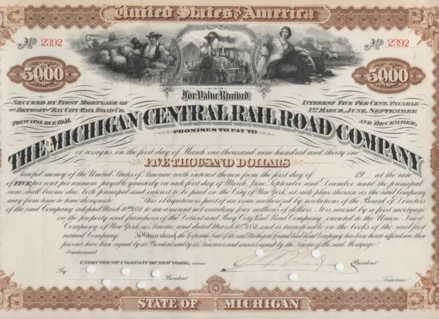 Antique Graphic 5000 Bond Michigan Central Railroad Co Signed by President