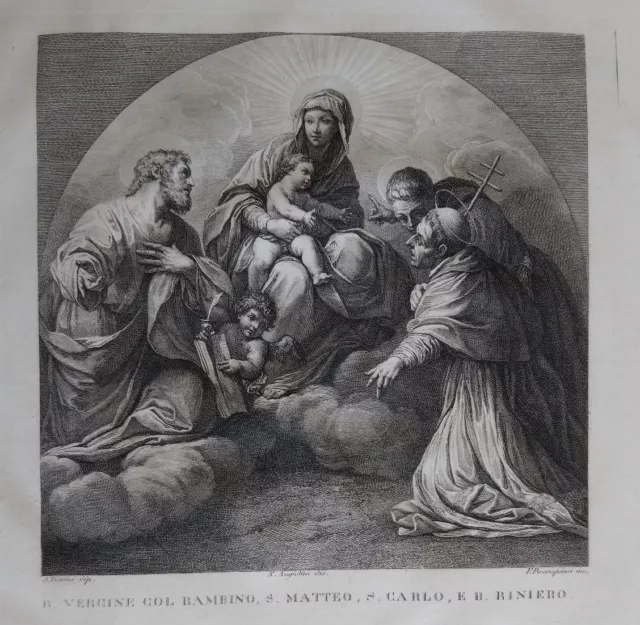 1830 Grabado Beata Virgen con el Niño San Mateo S Carlo y Raniero Angel cm 47x30