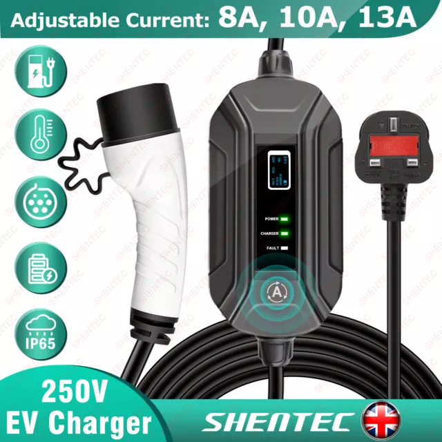 Type 2 EV Charging Cable UK 3 Pin 8/10/13A Electric Vehicle Car Charger Protable